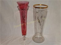 2 Etched glass vases tallest is 10"