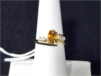 10K YELLOW GOLD CITRINE/DIAMOND RING - SIZE 7 -