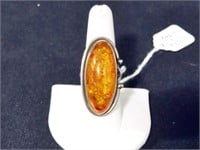 STERLING SILVER AND AMBER RING - SIZE 8