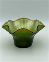 Green carnival glass fluted bowl