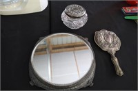 Silver plate dresser tray, hair receiver & mirror