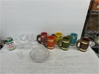 Decorative glassware and barrel style mugs