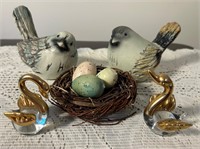 2 Handmade Birds With Nest & 2 Glass Swans