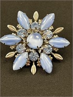 Vintage blue glass and rhinestones brooch