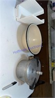 Heavy enamel bowl, pressure cooker and bread