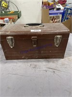 18" BROWN METAL TOOL BOX W/ PIPE WRENCH, HAMMERS
