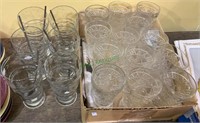 Box lot of 13 water glasses and six etched