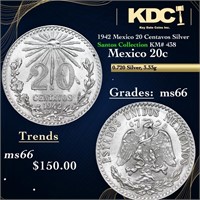 1942 Mexico 20 Centavos Silver Santos Collection K