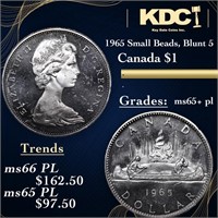 1965 Small Beads, Blunt 5 Canada Dollar 1 Grades G