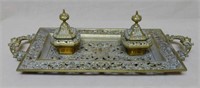 Ornate Brass Double Inkwell on Stand.