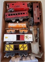 Box of Vintage Toy Train Cars & Lamp Posts