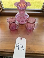 Cranberry Opalescent Ruffled Vase, Mini Pitchers
