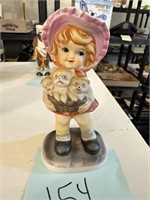Porcelain Girl  Figurine with  Puppies in Basket