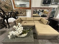 Brown and Beige Outdoor Sectional with Cocktail Ta