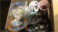 Box lot with a clock, china, vases, plates, and
