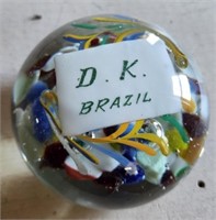 Antique Art Glass Paperweight "D.K. - Brazil"