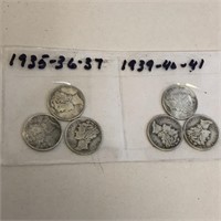 SILVER Mercury Dime LOT x 6 1935-41