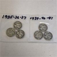 SILVER Mercury Dime LOT x 6 1935-41