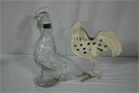 Glass rooster jar 12.75" & tin rooster 10.5" H