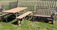 GLIDER BENCH & WOODEN/ METAL FRAME PICNIC TABLE