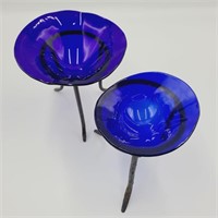 Pair of Hand Blown Cobalt Bowls on Iron Stands