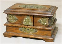 Ornate Brass Trimmed Oak Jewelry Box.