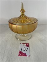 Footed Ruby Lane Carnival Glass Dish with Lid