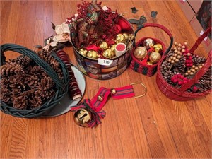 Tins, Baskets, Pine Cones, Christmas Decor