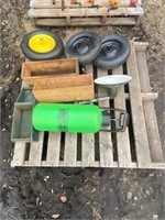 Misc pallet, wheel barrow tires, hand spray tank