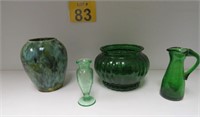 Vintage Green Glass - Vase & Crackled Pitcher