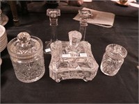 Five cut and etched glass items: two