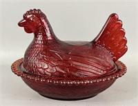 Vintage Cranberry Indiana Glass Hen on a Nest