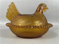 Vintage Indiana Glass Amber Hen On A Nest