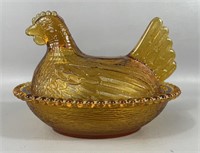 Vintage Indiana Glass Amber Hen On A Nest