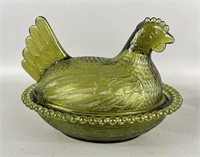 Vintage Green Indiana Glass Hen on a Nest