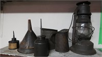Antique Oil Cans, Funnels, Dietz Oil Lamp