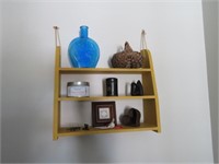 SMALL WALL SHELF & CONTENTS- BOTTLE & SMALL BASKET