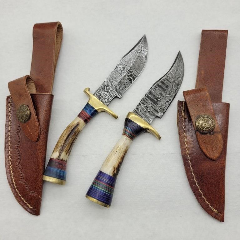 2- DAMASCUS STEEL HUNTING SKINNER KNIVES STAG