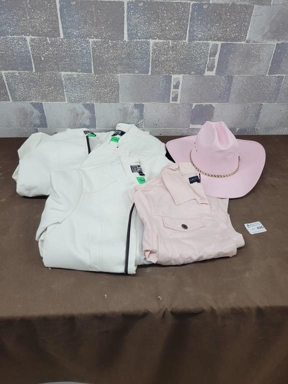 Womens leather style jackets, pink cowgirl hat etc