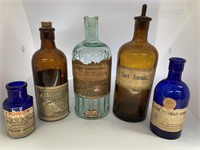 5 Misc Labeled Chemist & Poison Bottles