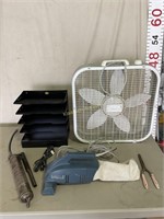 Box fan, Electrolux hand vac, office organizer