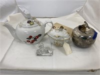 Silver Plate Apple Dish w/Lid China Teapot +