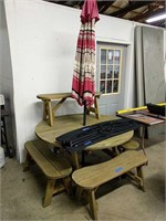 Wooden Picnic Table With Umbrella And Four Benches