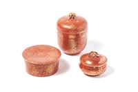 THREE GILT PAINTED CORAL RED GLAZED PORCELAIN BOX