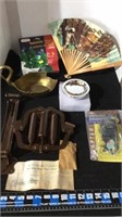 Yule tide trees, paper fan, brass goose, Avon