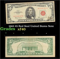 1963 $5 Red Seal United States Note Grades xf