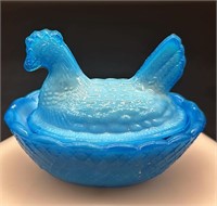 Vtg Blue Mini Hen On The Nest