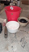 Plastic bucket, plant pots, garden hand shovel