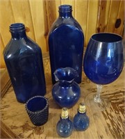 Cobalt Blue Bottles, Glass, Vase & Salt/Pepper Set