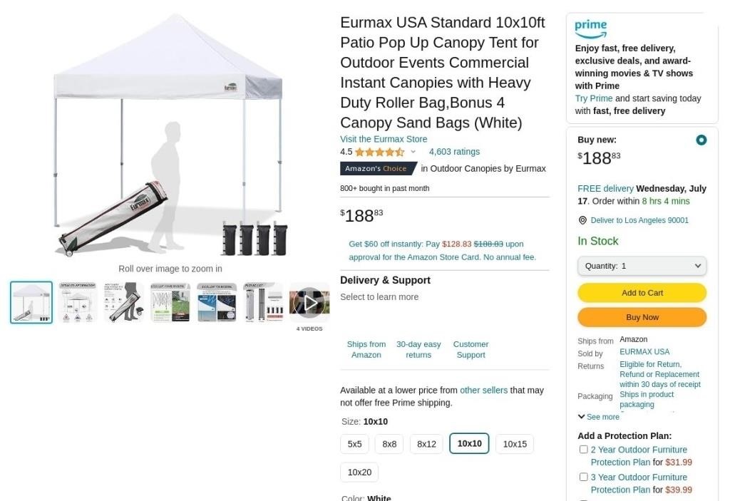 W8694  Eurmax Patio Pop Up Canopy Tent 10x10 White